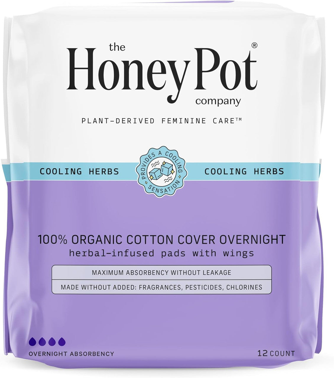 The Honey Pot Company Organic Overnight, Herbal Infused Pads, 12 Ea